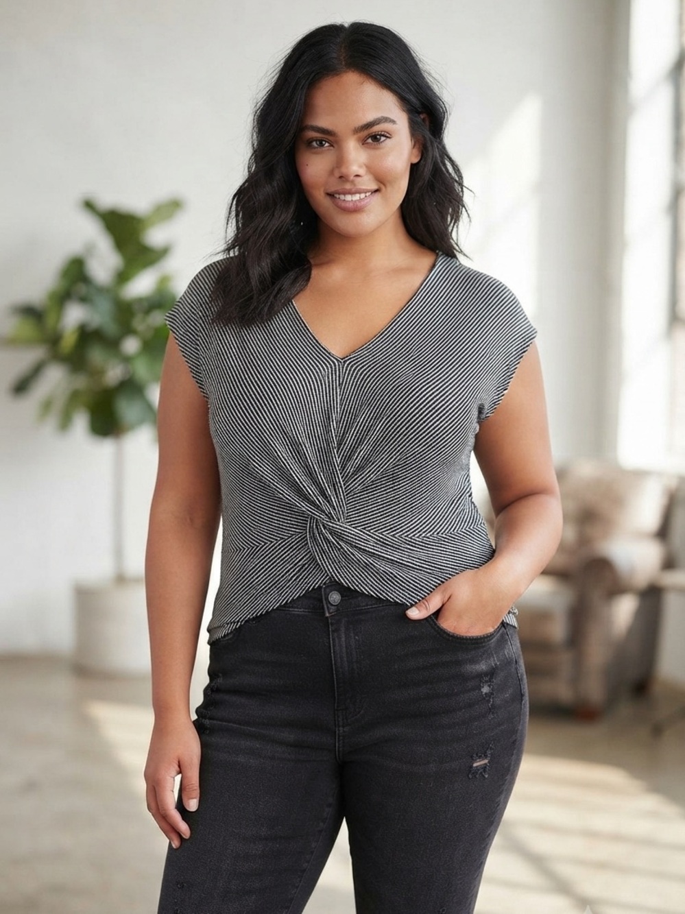 Max Studio Size Large Striped V-Neck Twist Front Fitted Top